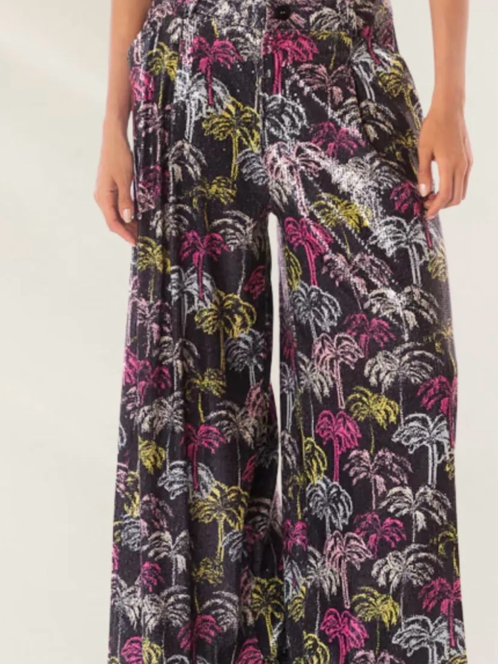 Maaji Stella Tropical Print Wide-Leg Pants in Black with Pink & Yellow Palms